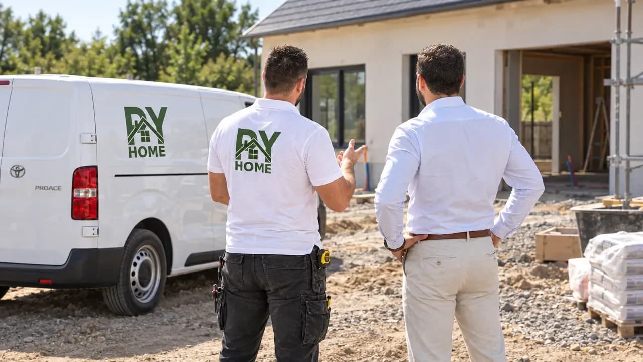Échange autour d’un projet devant une maison, visuel de présentation PY HOME
